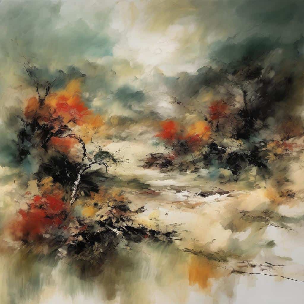 αισθαντική αφηγήση μέσω σύνθεσης χωρίς λόγια, εντυπωσιακό έργο τέχνης με ζωγραφική ακουαρέλα, καλλιτεχνική αφηγηματική σύνθεση σε ύφος αφηρημένης ζωγραφικής.