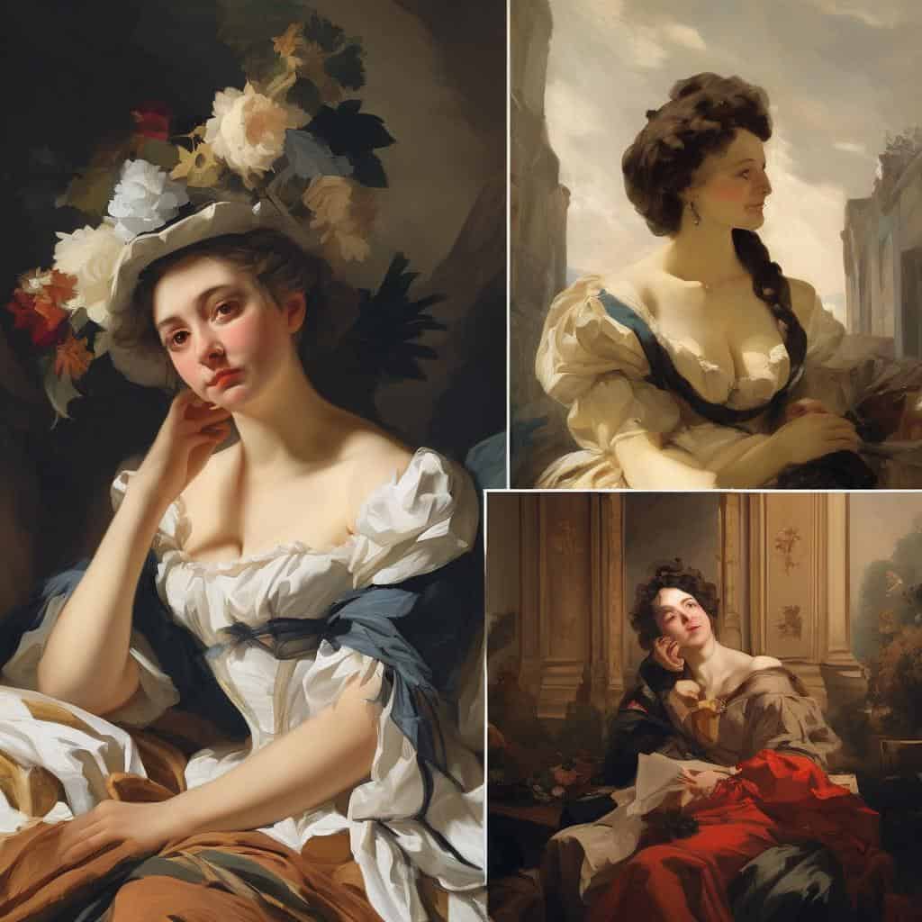 Ομορφες ψηφιακές πίνακες σε στυλ ρεαλισμού, που απεικονίζουν γυναίκες με καλλιτεχνικό ύφος και ιστορική αισθητική.