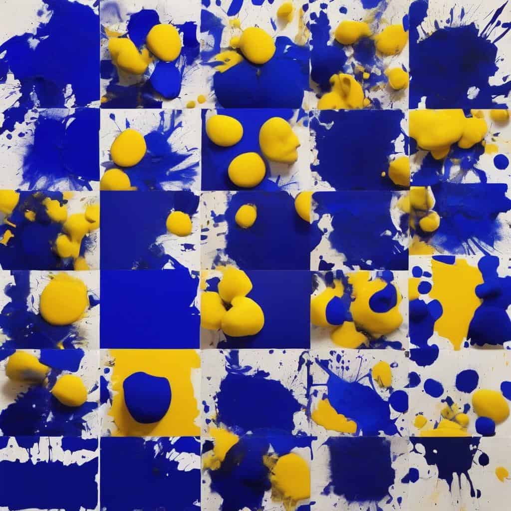 Χωρίς τίτλο, σύγχρονη τέχνη, αφηρημένο έργο με μπλε και κίτρινες πινελιές και μορφές.