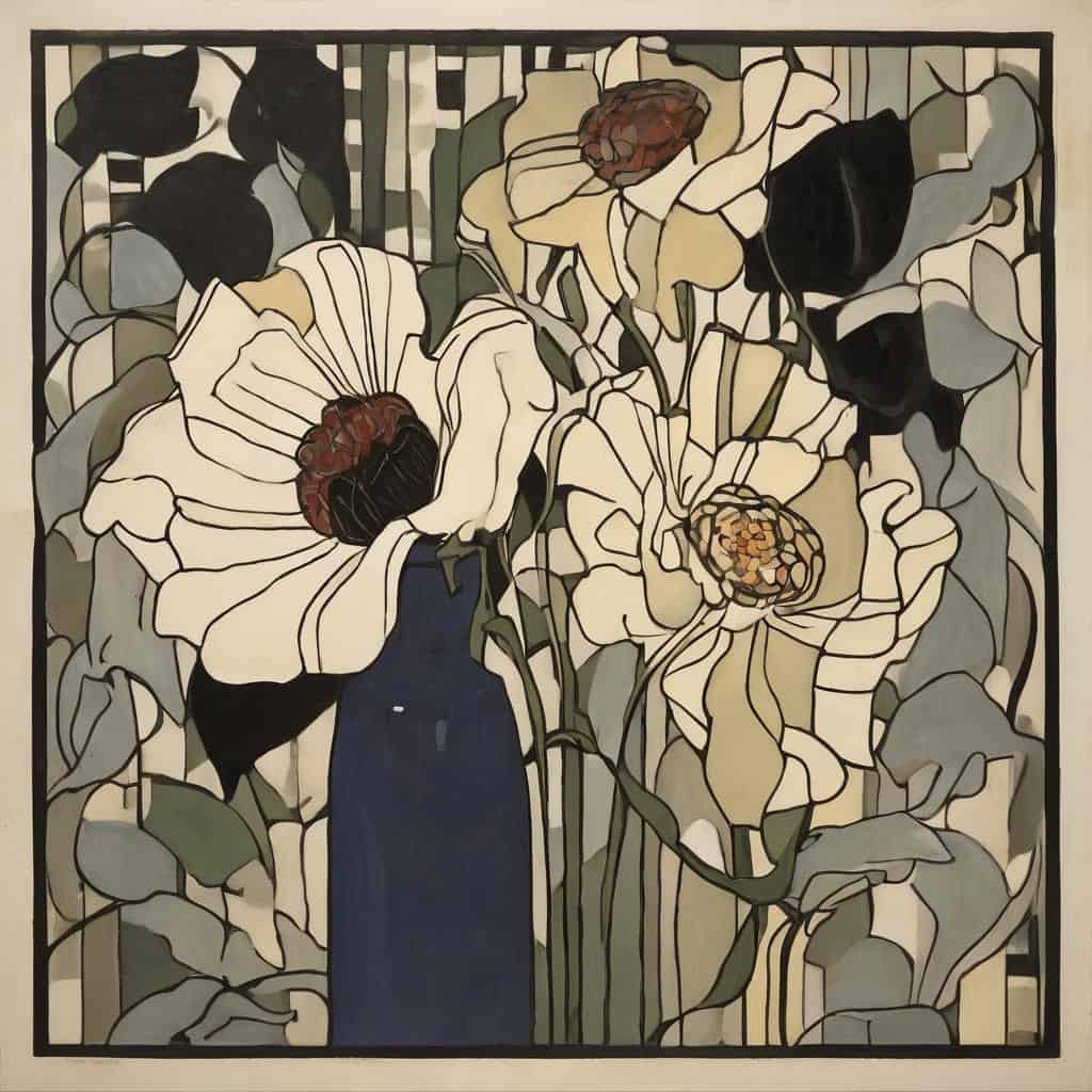 Λουλούδια σε βάζο με αφηρημένο στυλ τέχνης, έντονα χρώματα και γραμμικά σχήματα.