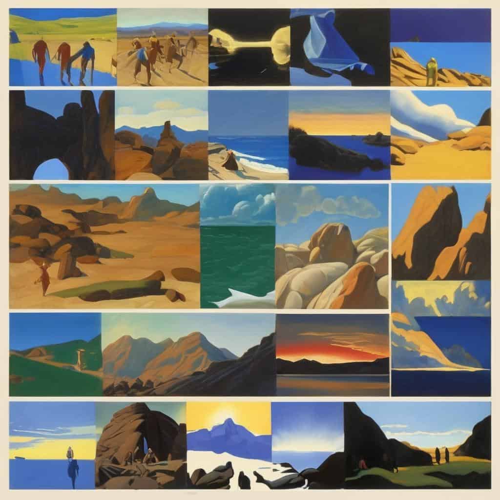 Ουρανοί, βουνά, θάλασσες, καιγκς σε ζωγραφική σύνθεση τοπίου χωρίς λόγια, φωτογραφία από την εκθεσιακή συλλογή της ΝΙΧΟG.